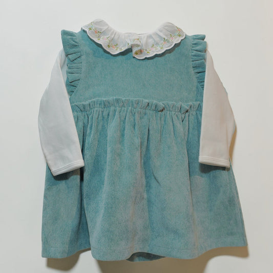 Corduroy Dress and Embroidered Ruffle Collar Bodysuit