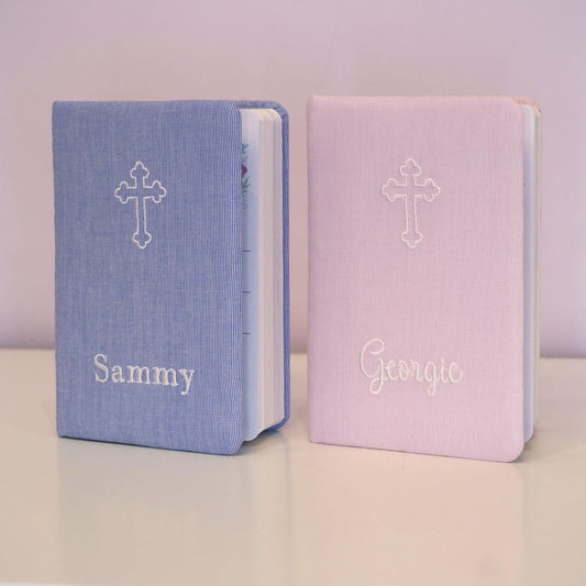 Personalized Baby’s First Bible – Microstripe Cotton in Pink or Blue with Choice of Cross