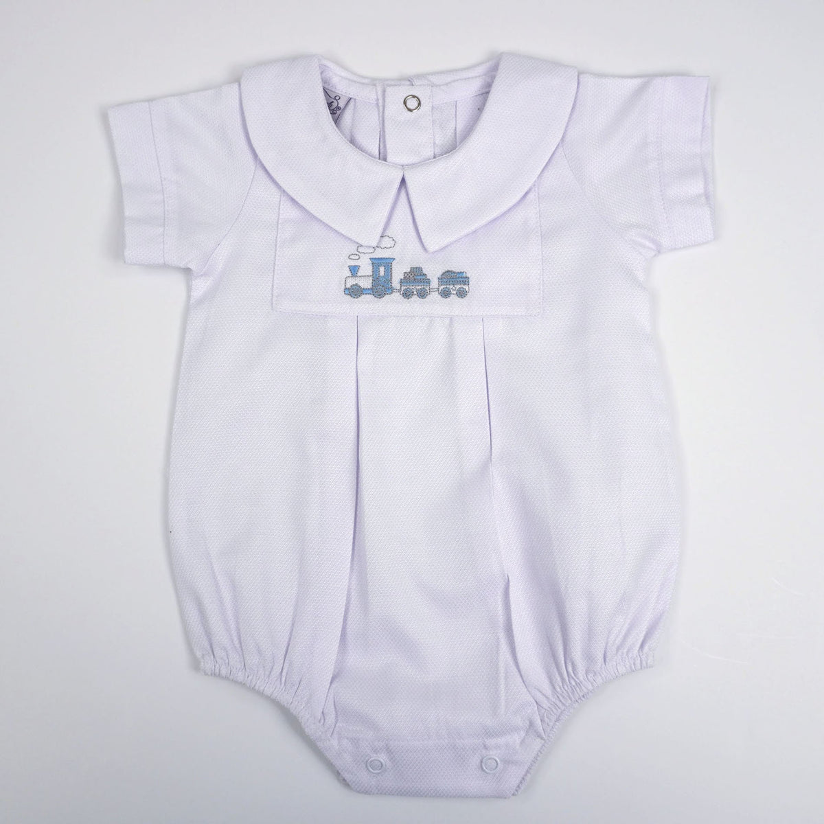 Pima Cotton Train Bodysuit – Embroidered Train, Peter Pan Collar Baby Bodysuit