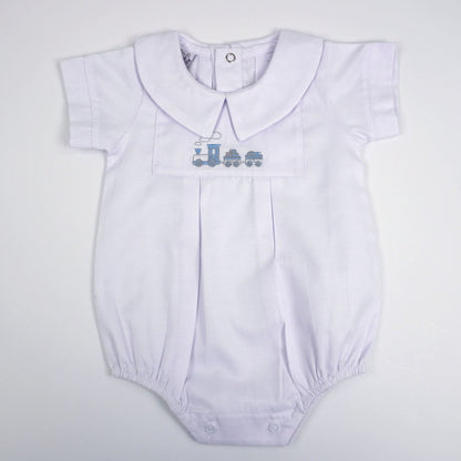 Pima Cotton Train Bodysuit – Embroidered Train, Peter Pan Collar Baby Bodysuit
