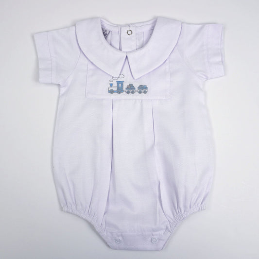 Pima Cotton Train Bodysuit – Embroidered Train, Peter Pan Collar Baby Bodysuit