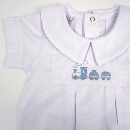 Pima Cotton Train Bodysuit – Embroidered Train, Peter Pan Collar Baby Bodysuit