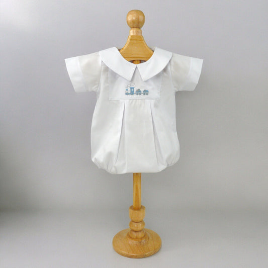 Pima Cotton Train Bodysuit – Embroidered Train, Peter Pan Collar Baby Bodysuit