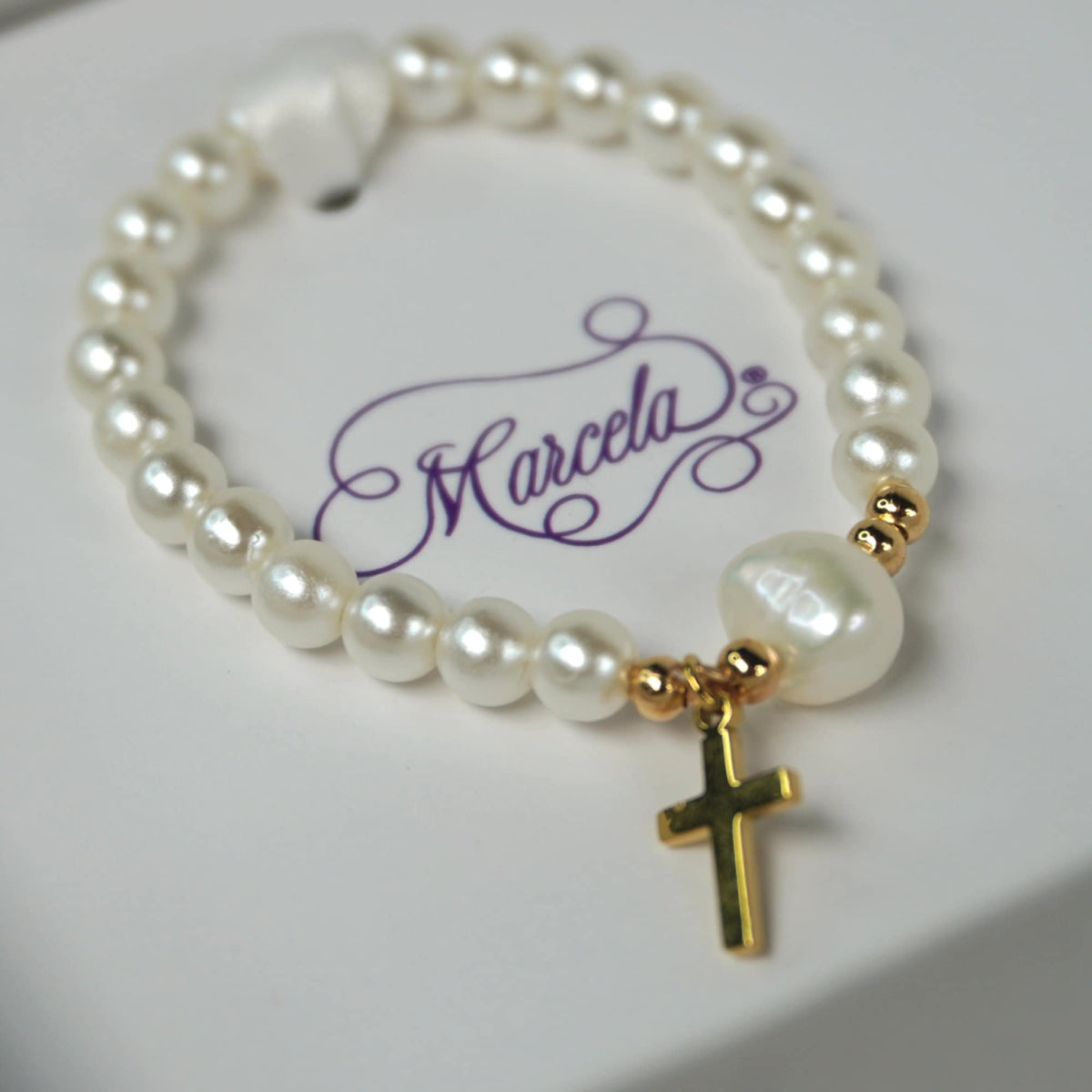 Gold Cross on Pearls with One Water Pearl Bracelet