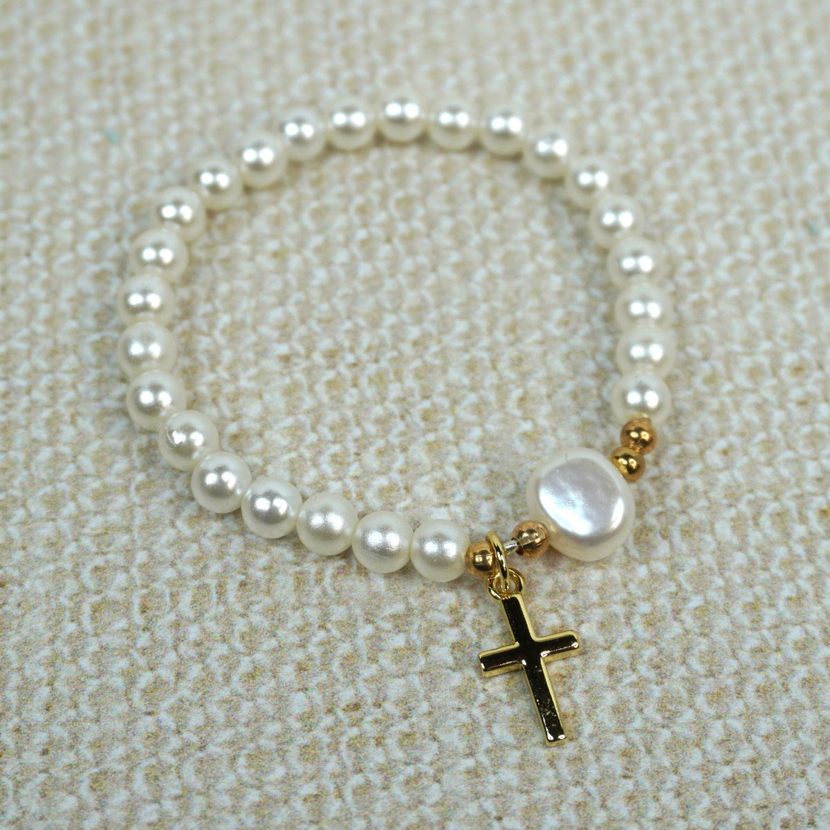 Gold Cross on Pearls with One Water Pearl Bracelet