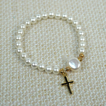 Gold Cross on Pearls with One Water Pearl Bracelet