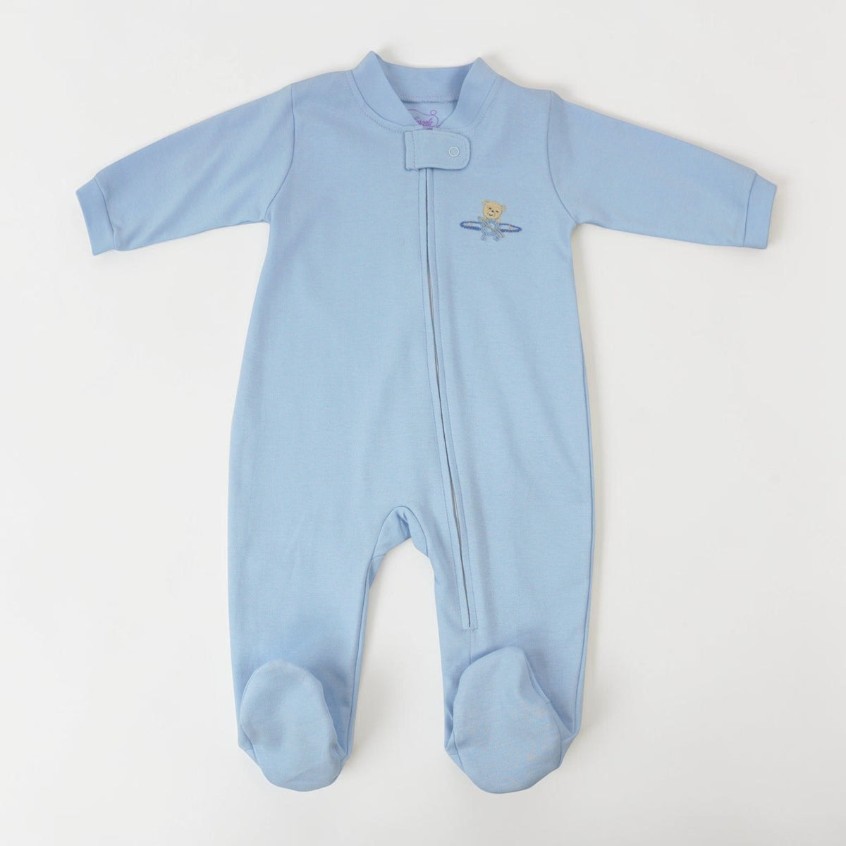Baby Blue Pima Cotton Footie with Embroidered Bear