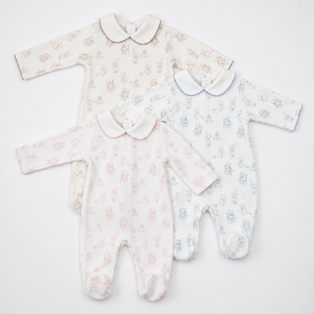 Teddy Bear Pima Cotton Baby Footie with Scalloped Collar