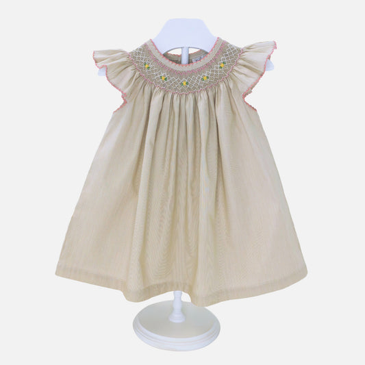 Beige Flutter Sleeve Smocked Dress