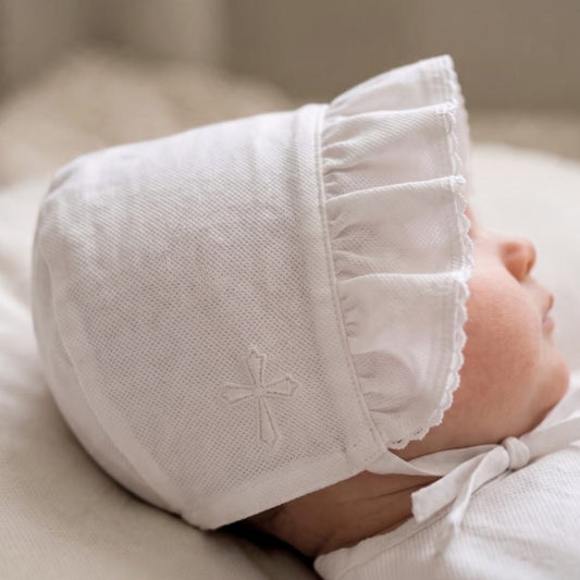 Christening Bonnet on Piqué with Embroidered Cross