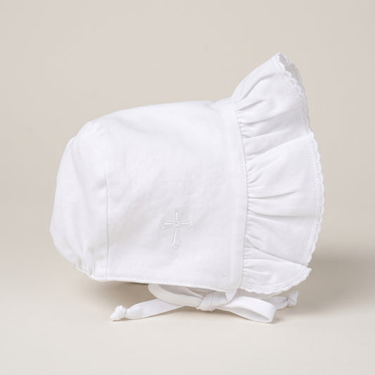 Christening Bonnet on Piqué with Embroidered Cross