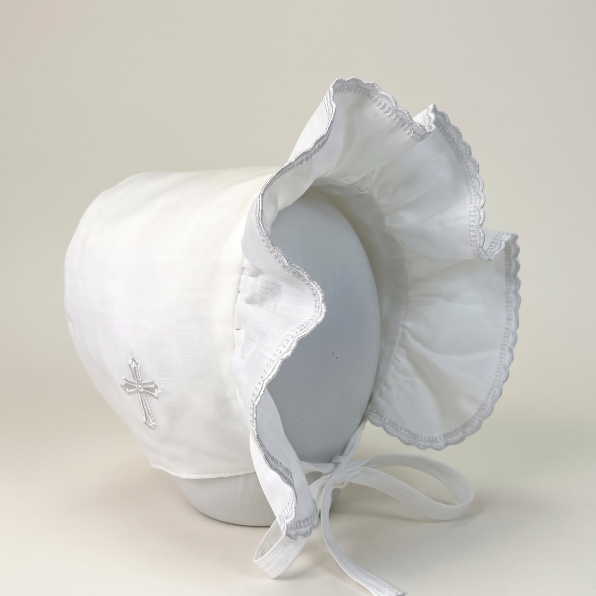 Christening Bonnet with Embroidered Cross