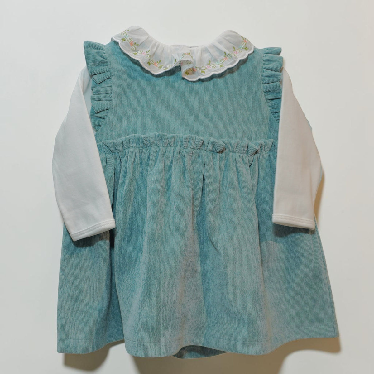 Corduroy Dress and Embroidered Ruffle Collar Bodysuit