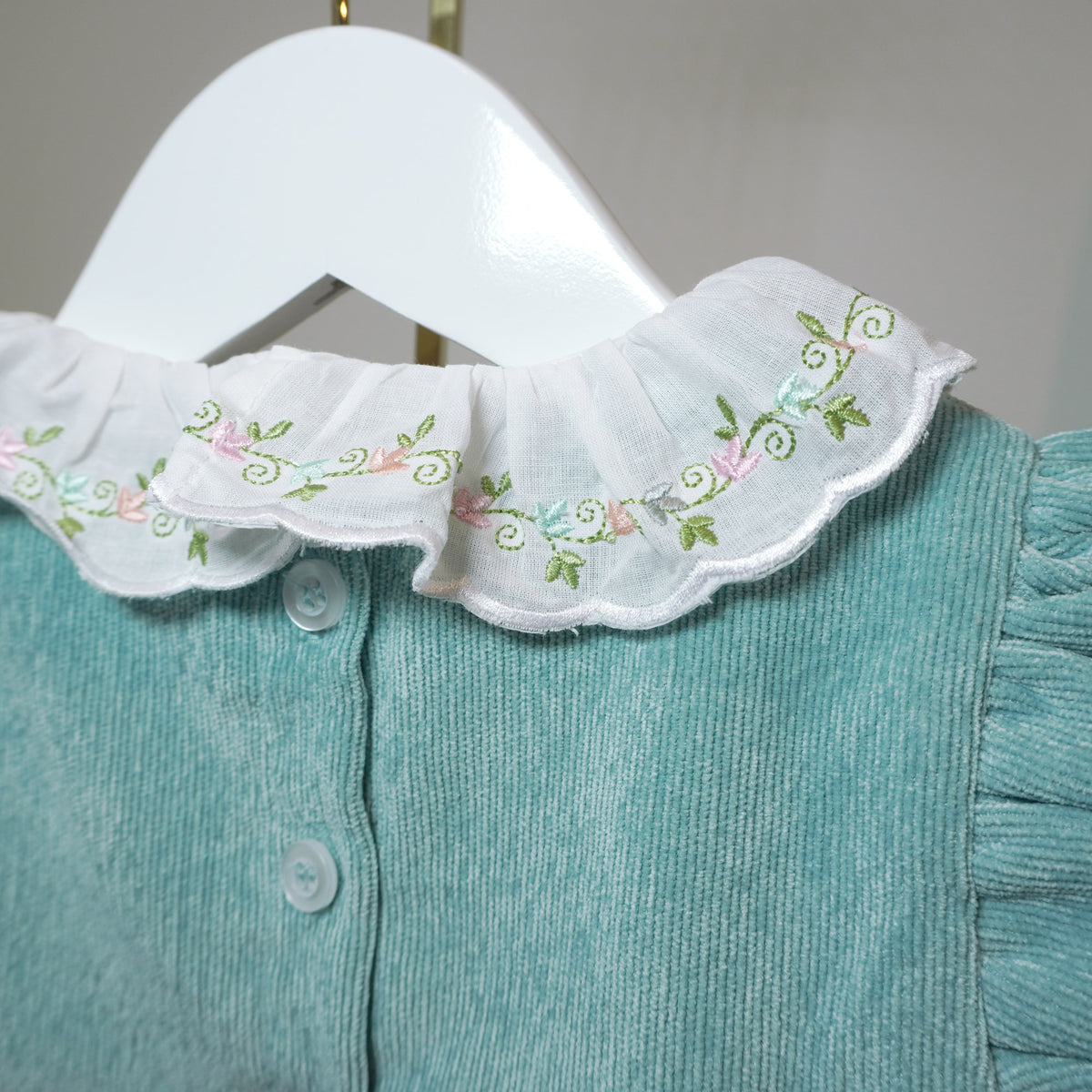 Corduroy Dress and Embroidered Ruffle Collar Bodysuit