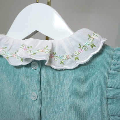 Corduroy Dress and Embroidered Ruffle Collar Bodysuit