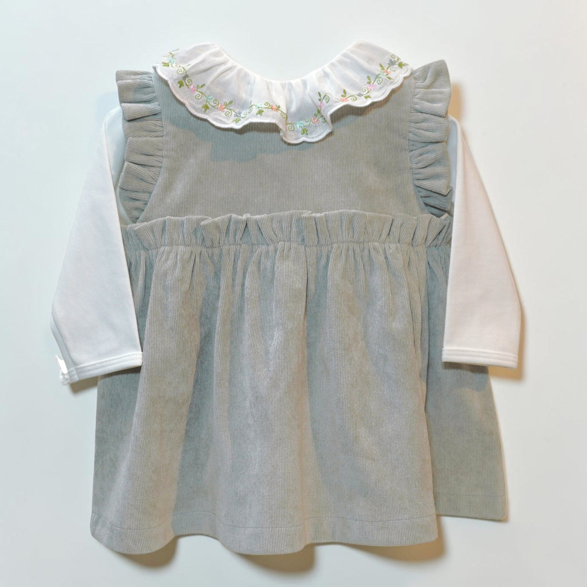 Corduroy Dress and Embroidered Ruffle Collar Bodysuit