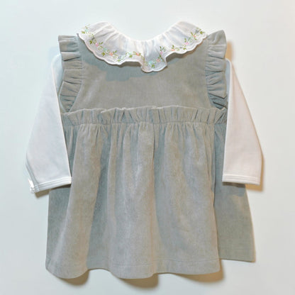 Corduroy Dress and Embroidered Ruffle Collar Bodysuit