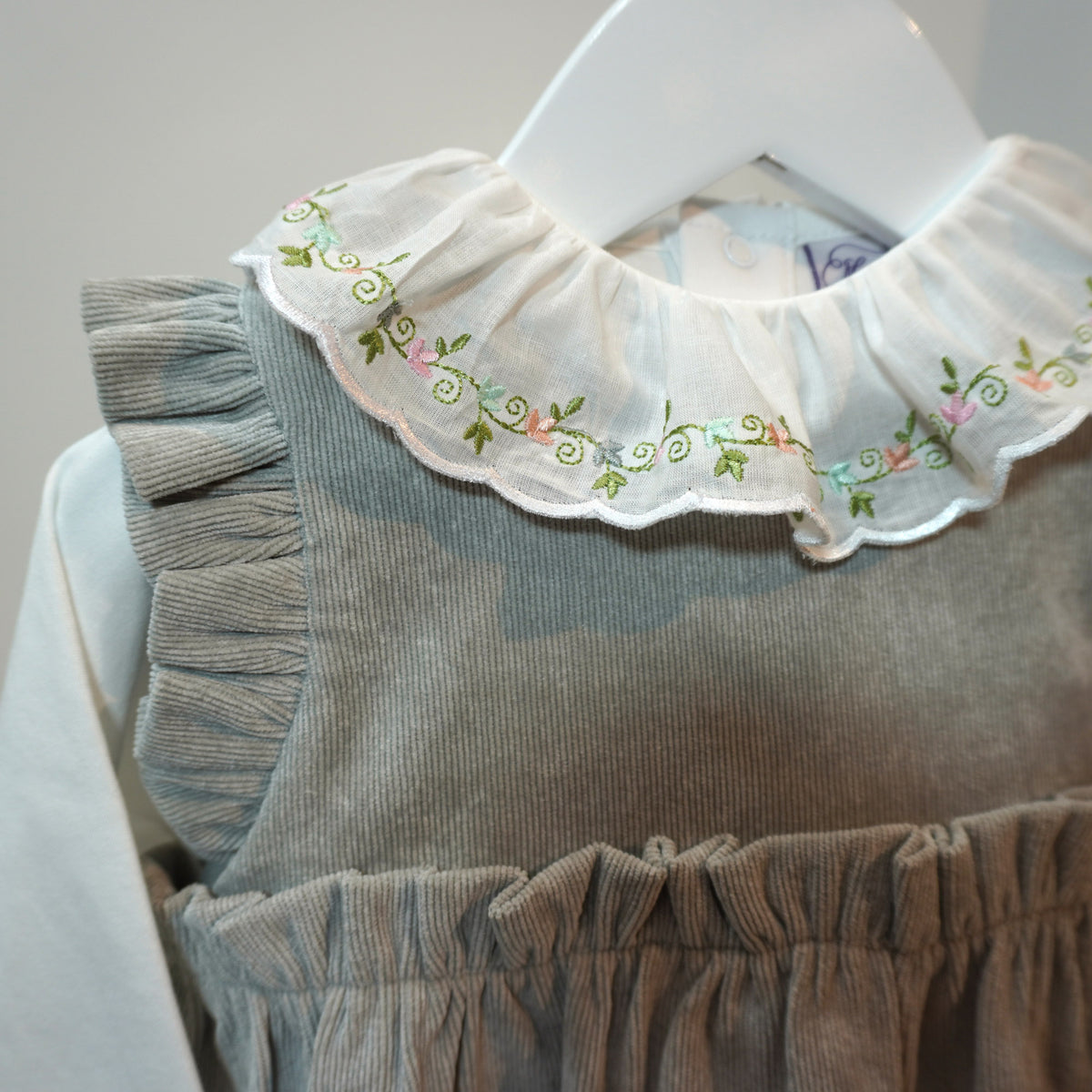 Corduroy Dress and Embroidered Ruffle Collar Bodysuit