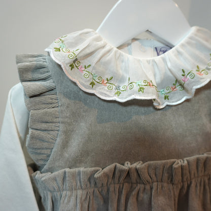 Corduroy Dress and Embroidered Ruffle Collar Bodysuit