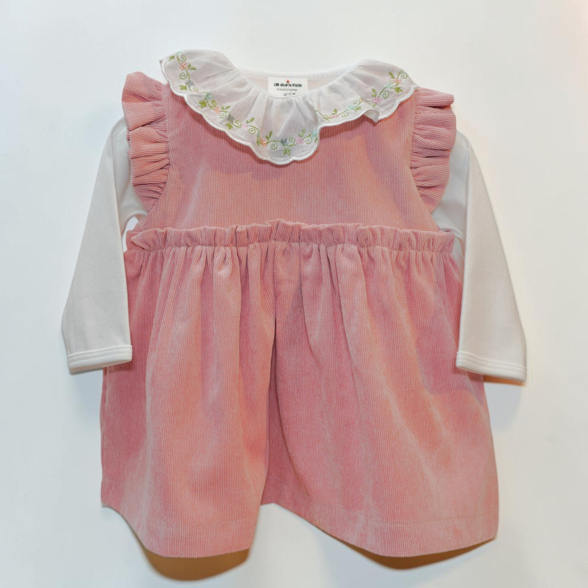 Corduroy Dress and Embroidered Ruffle Collar Bodysuit