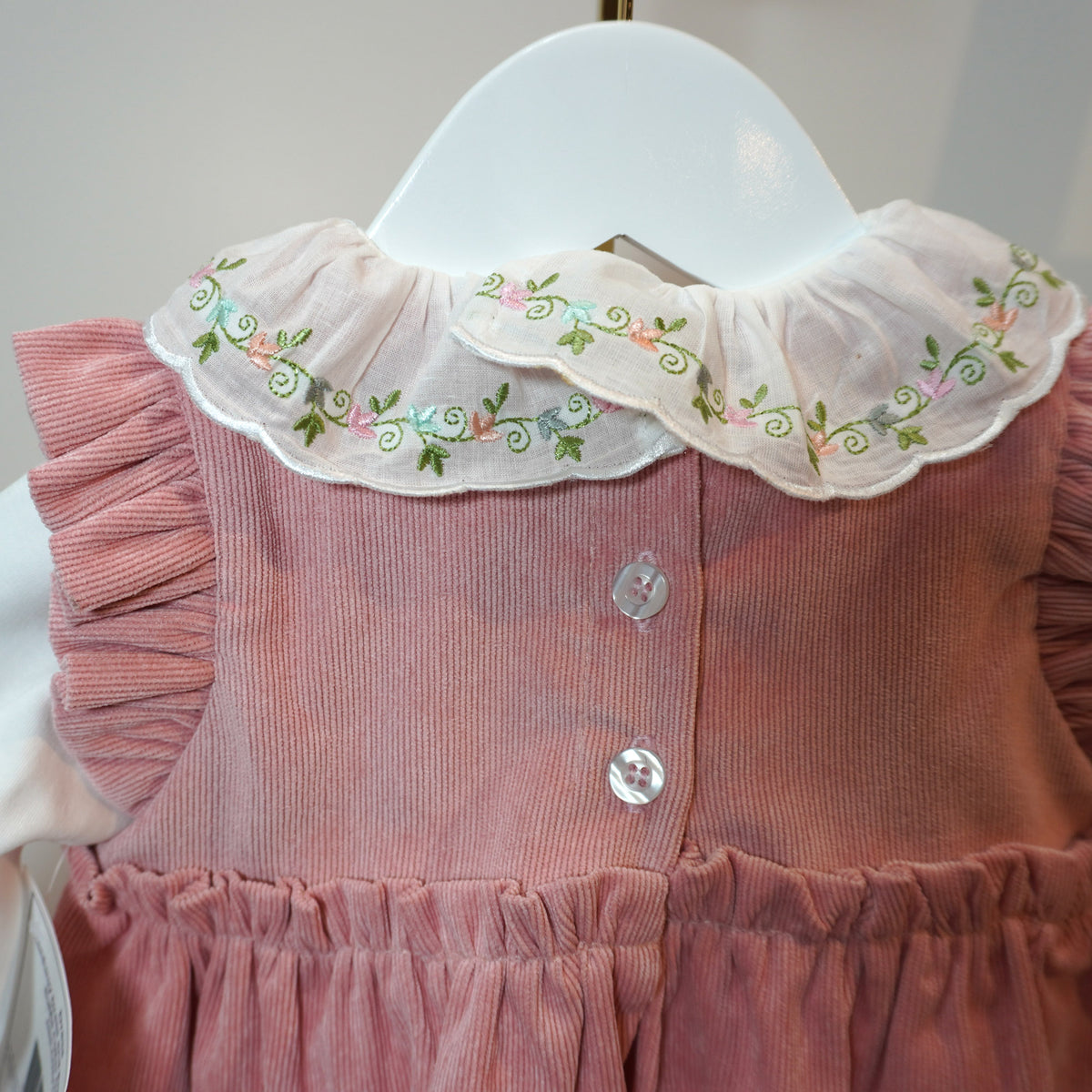 Corduroy Dress and Embroidered Ruffle Collar Bodysuit