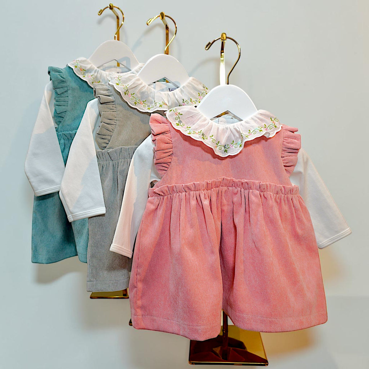Corduroy Dress and Embroidered Ruffle Collar Bodysuit