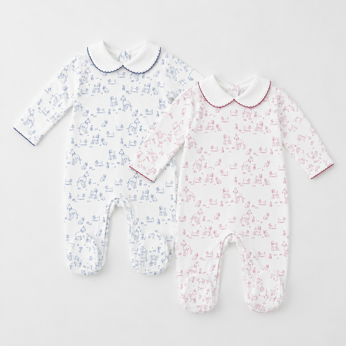 Dogs Print Pima Cotton Baby Footie with Scalloped Collar