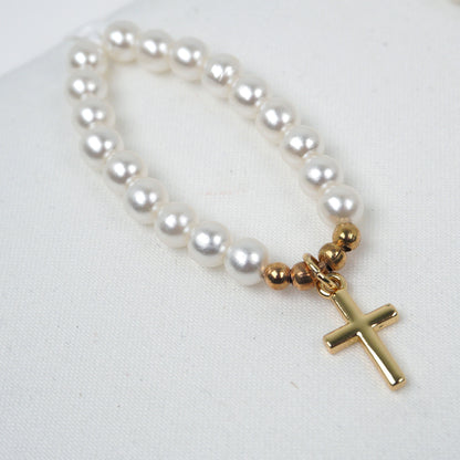 Gold Cross Pearl Bracelet