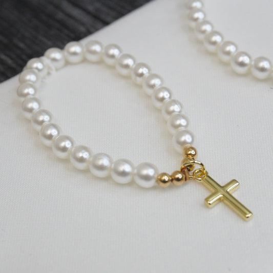 Gold Cross Pearl Bracelet
