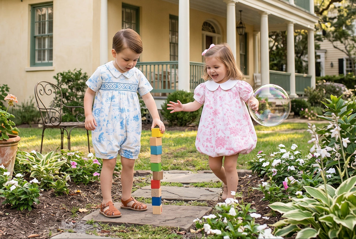 Little boy in a blue toile romper and little girl in a pink toile bubble dress playing outside a historic Charleston home.