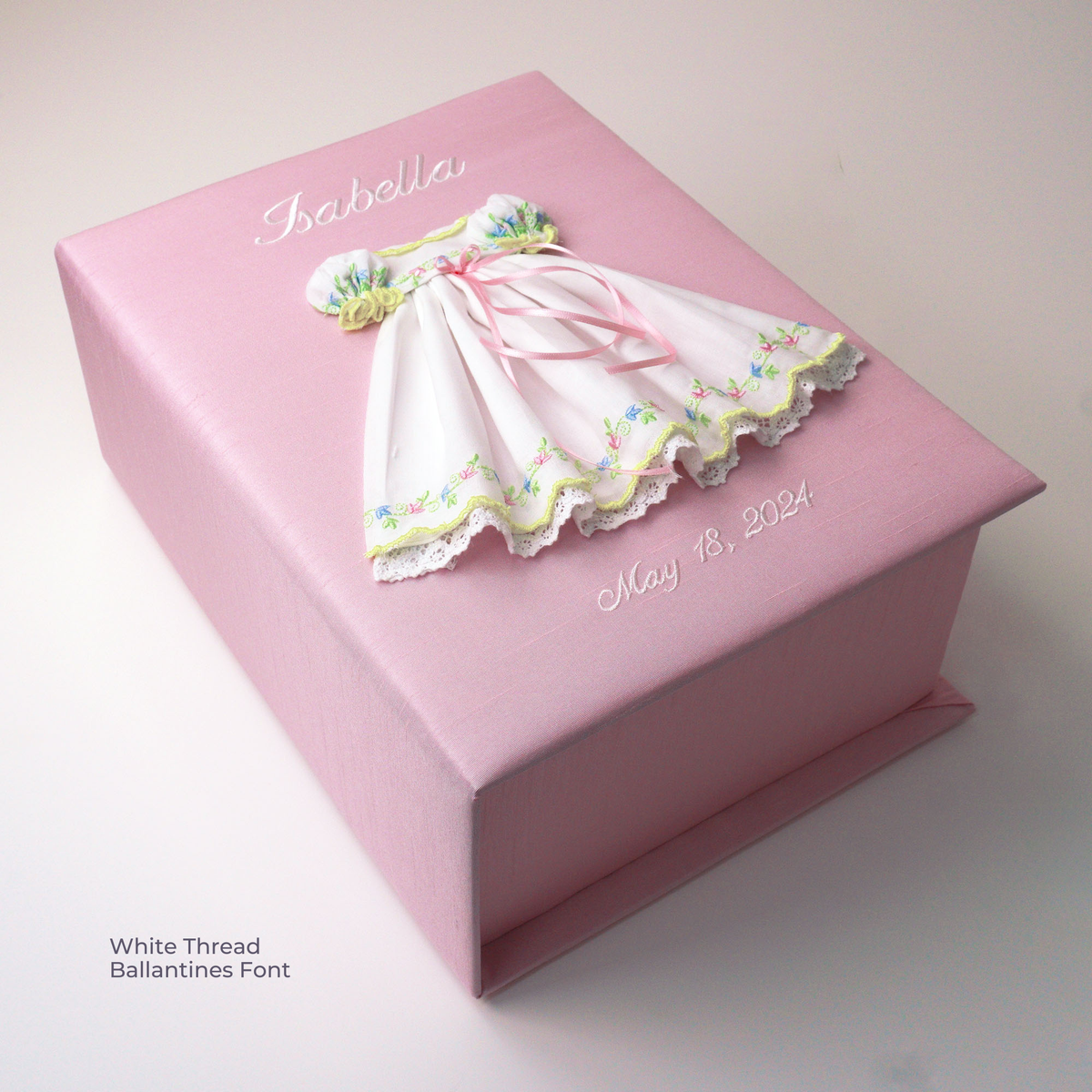 Swiss Batiste Dress with Flowers on Piqué Cotton – Medium Baby Keepsake Box