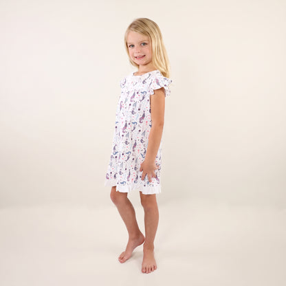 Mermaid Print Pima Cotton Long Dress with Ruffle Collar