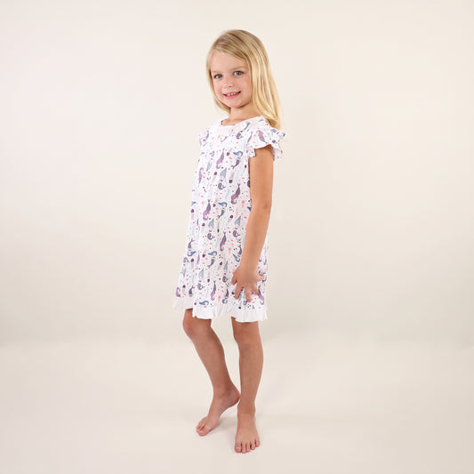 Mermaid Print Pima Cotton Long Dress with Ruffle Collar