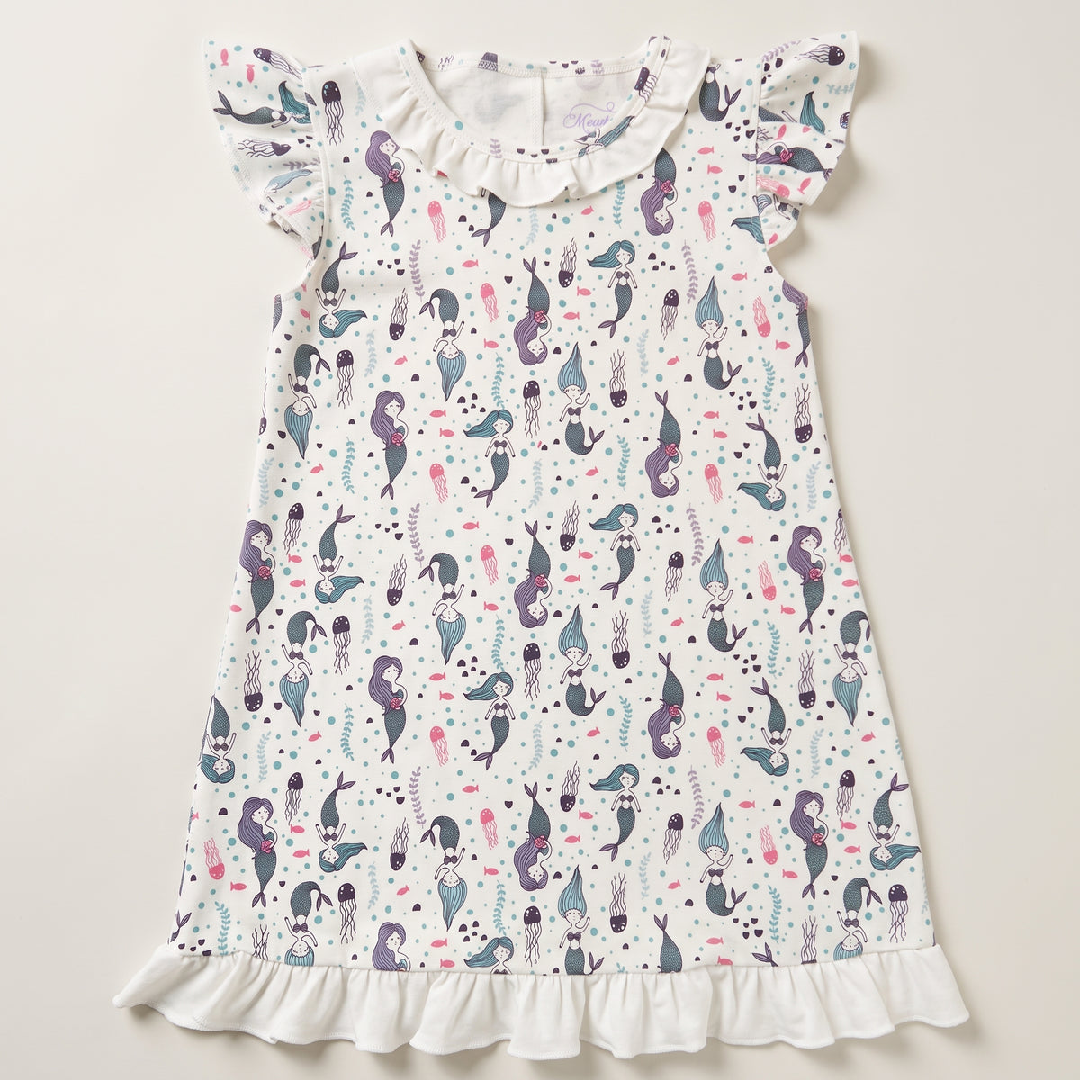 Mermaid Print Pima Cotton Long Dress with Ruffle Collar