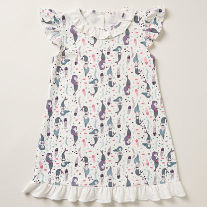 Mermaid Print Pima Cotton Long Dress with Ruffle Collar