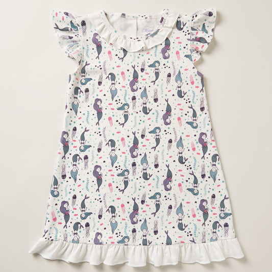 Mermaid Print Pima Cotton Long Dress with Ruffle Collar