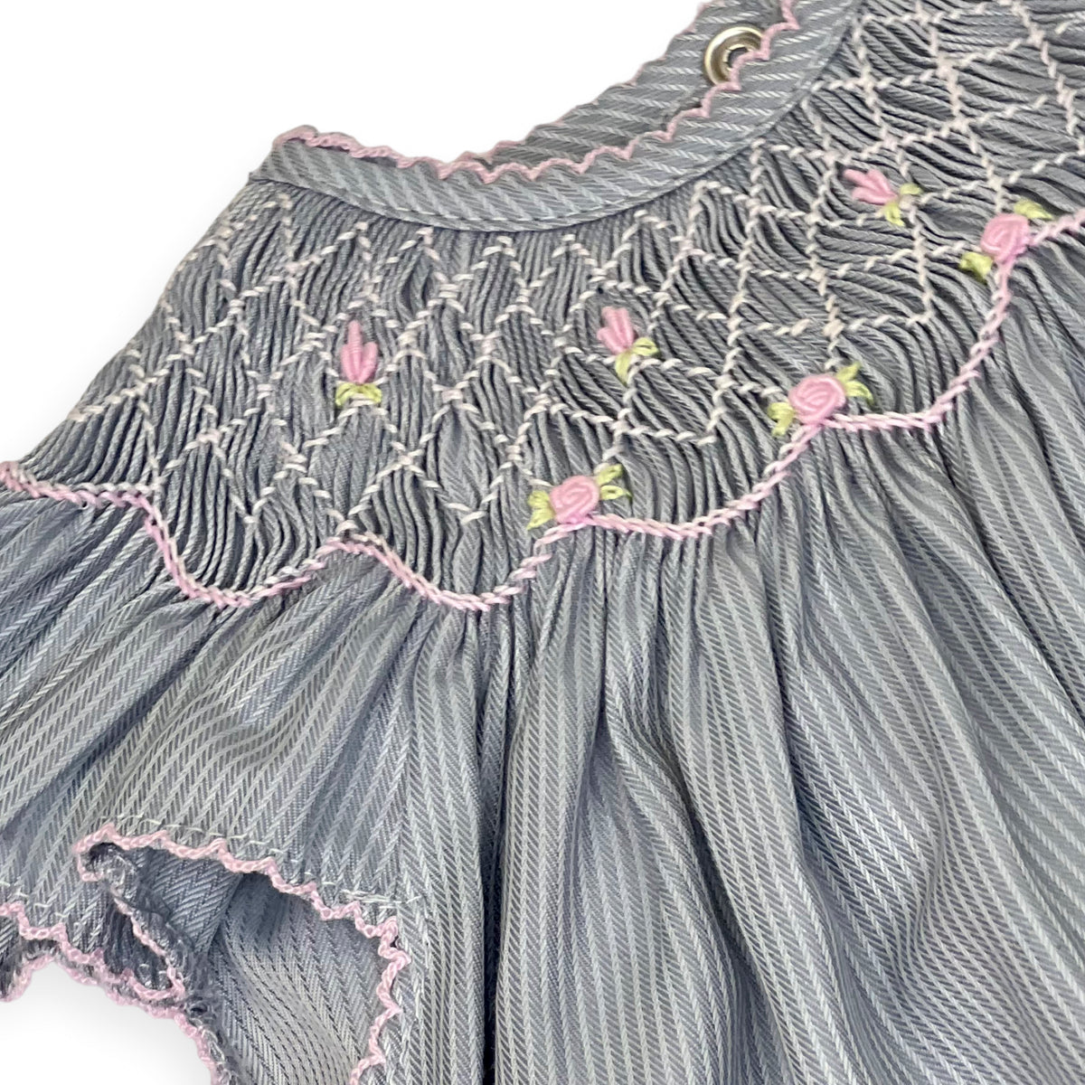 Gray Smocked Baby Girl Dress – Flutter Sleeve, Hand-Smocked Cotton