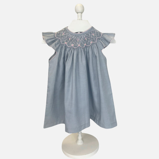 Gray Smocked Baby Girl Dress – Flutter Sleeve, Hand-Smocked Cotton