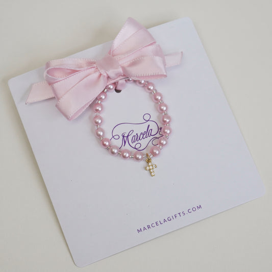 Pink Satin Bow and Pearl Bracelet Set with Jeweled Cross