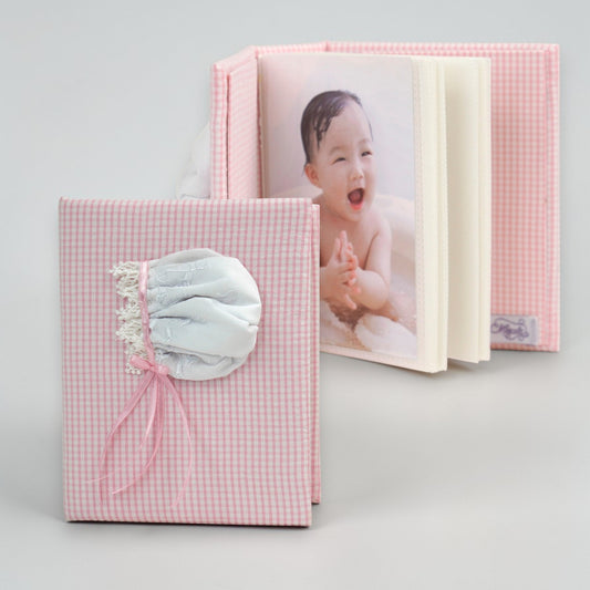Swiss Batiste Girl Bonnet on Seersucker Check – Small Hardbound Photo Album