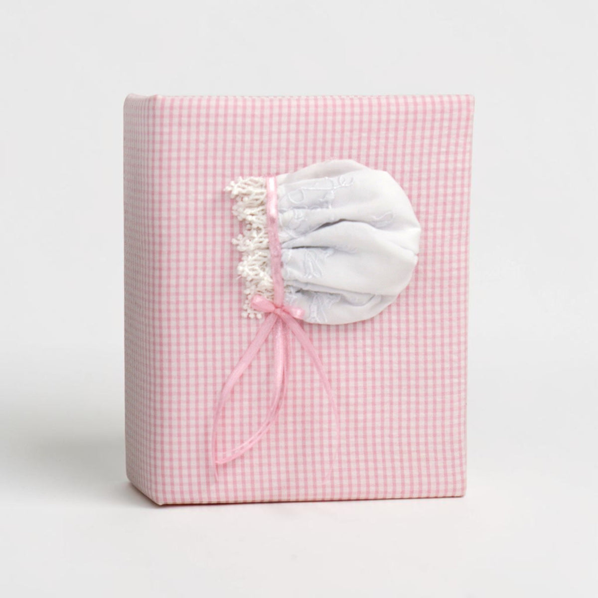 Swiss Batiste Girl Bonnet on Seersucker Check – Small Hardbound Photo Album