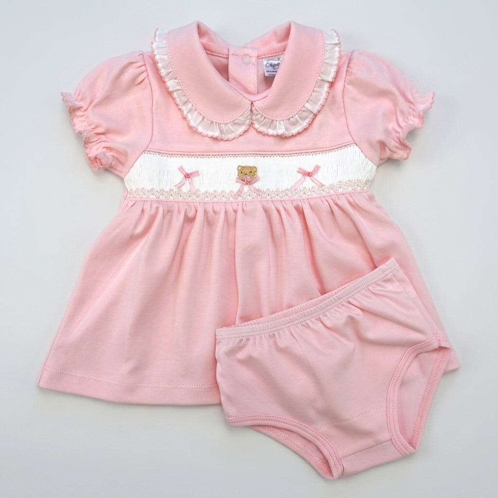 Pima Cotton Bear Smocked Collared Dress Set