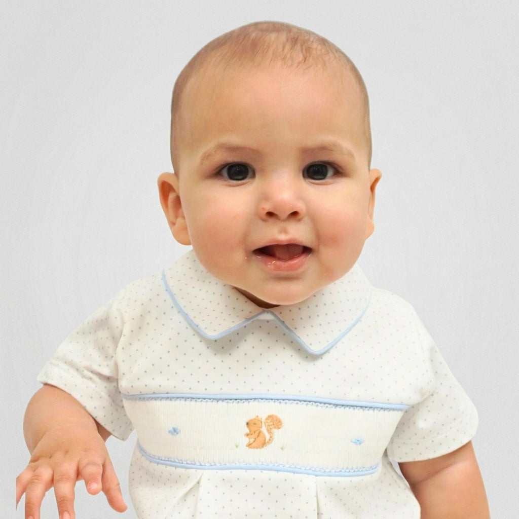 Pima Cotton Squirrel Smocked Romper – Embroidered Baby Romper