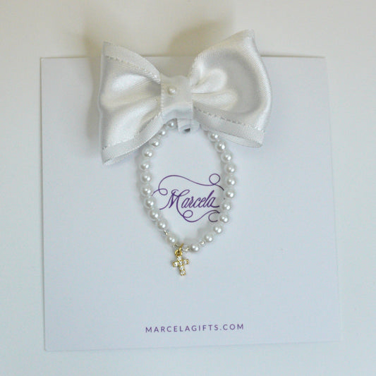 Striped Satin Bow & Pearl Bracelet Set with Jeweled Cross