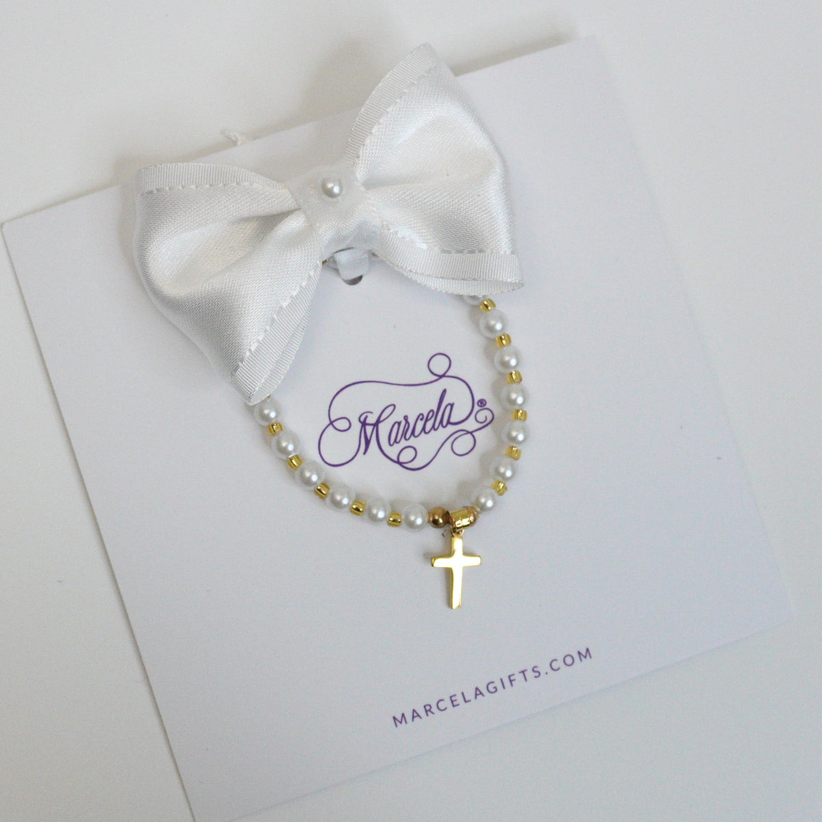 Striped Satin Bow & Pearl Bracelet Set with Gold Cross