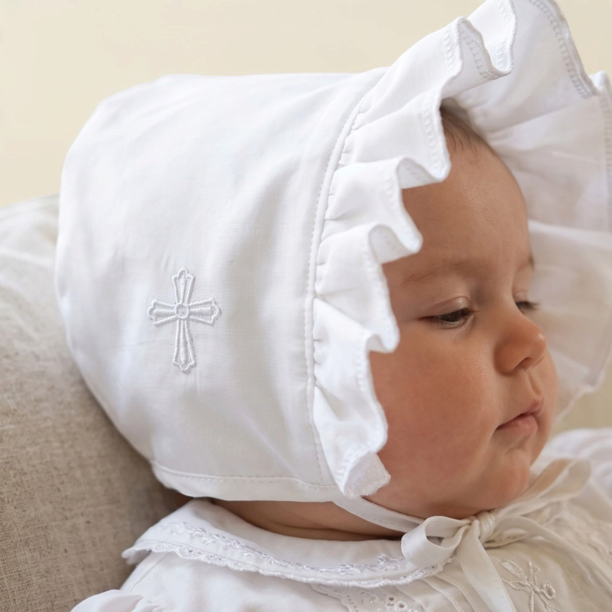 Christening Bonnet with Embroidered Cross