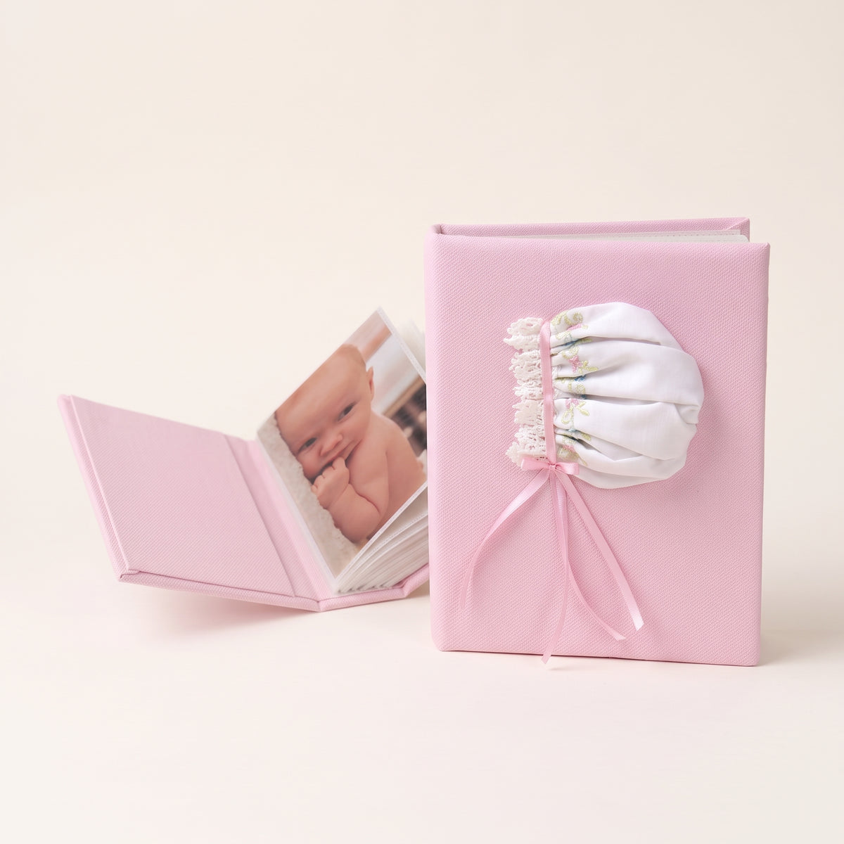 Swiss Batiste Girl Bonnet with Flowers on Piqué Cotton  – Small Hardbound Photo Album