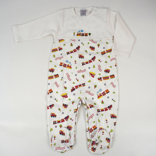 Trains Print Pima Cotton Baby Footie
