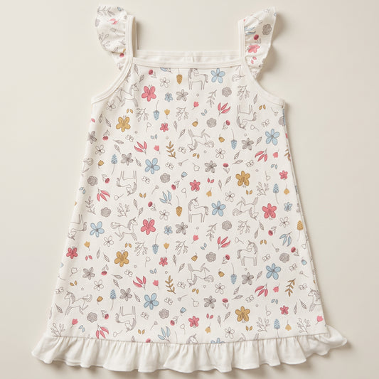 Unicorn Print Pima Cotton Long Dress with Ruffle Strap