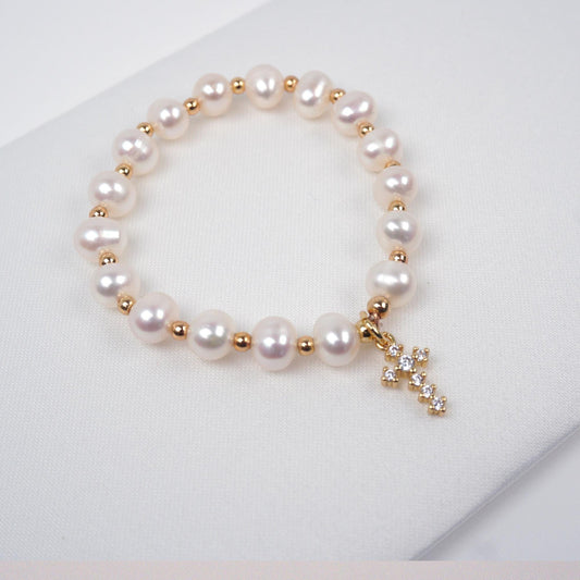 Fancy Jeweled Cross Water Pearl Bracelet